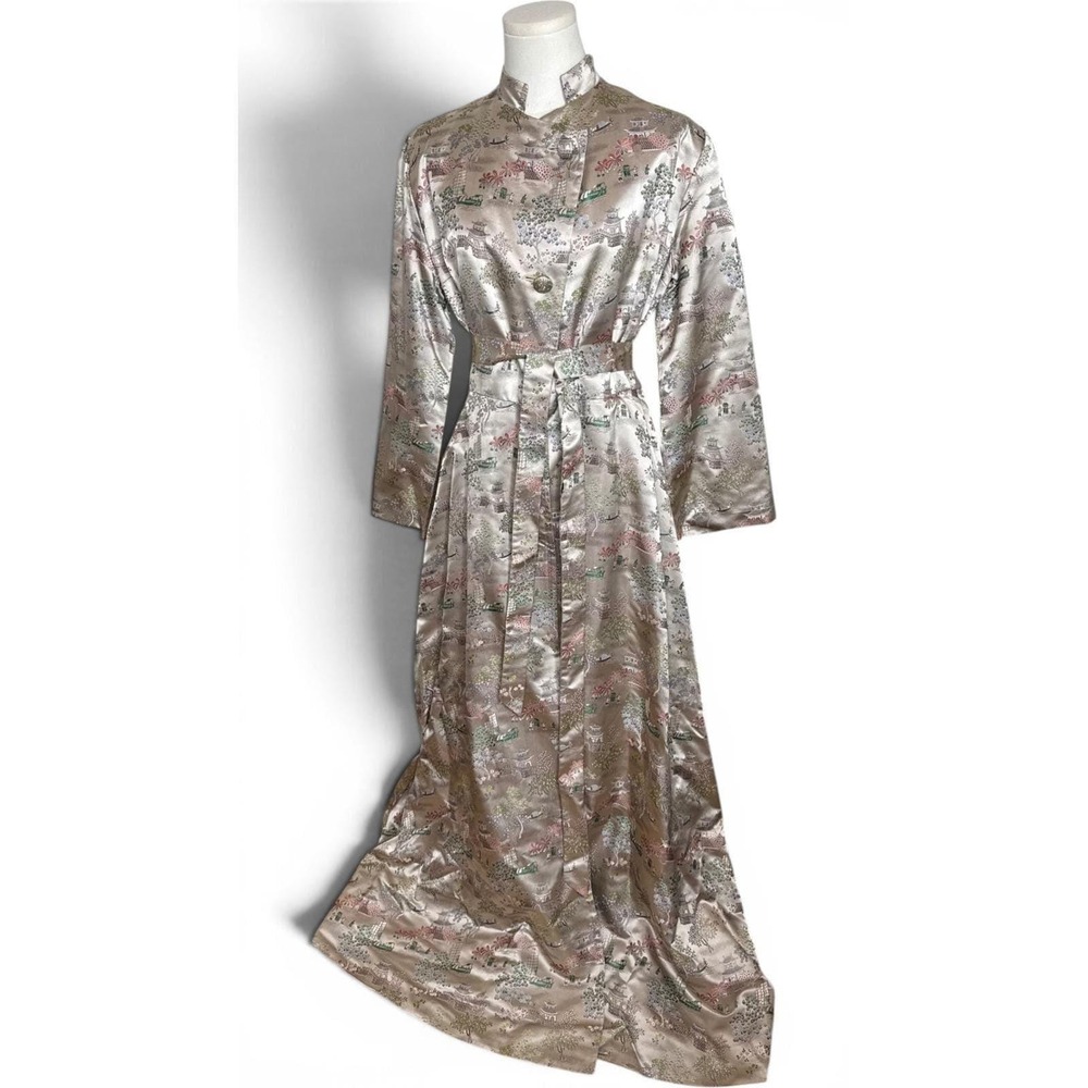 Silk Jacquard Pagoda Duster Coat Asian Landscape Maxi Coat, Brocade